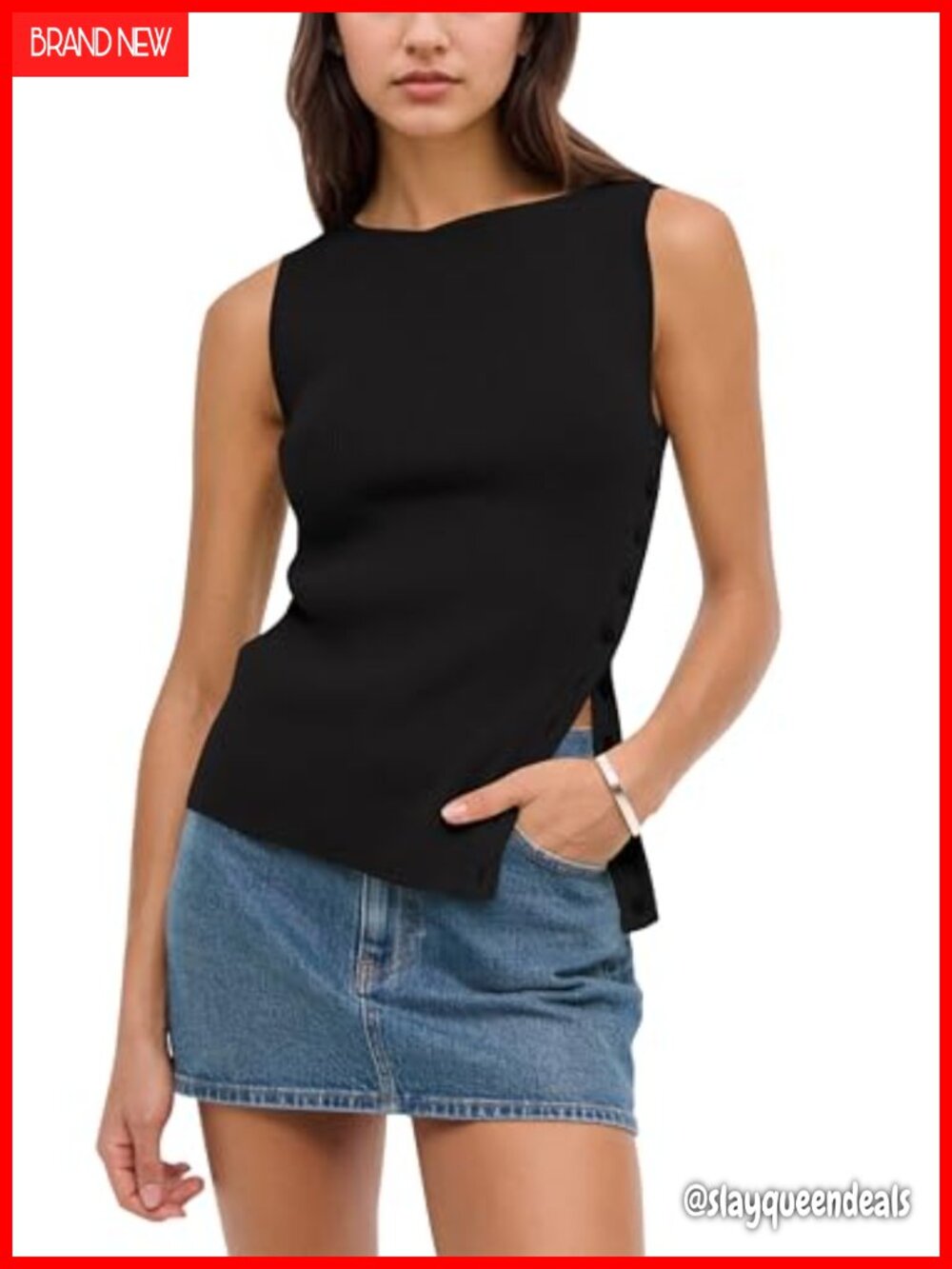 Asymmetrical Side Button Slit Tank Top Sleeveless Knit Vest